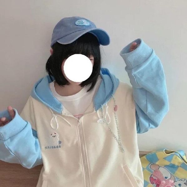 women's jackets kawaii stitching hooded jacket japanese preppy style sweet cute embroidered sweatshirt harajuku autumn chic zip-up oute, Black;brown